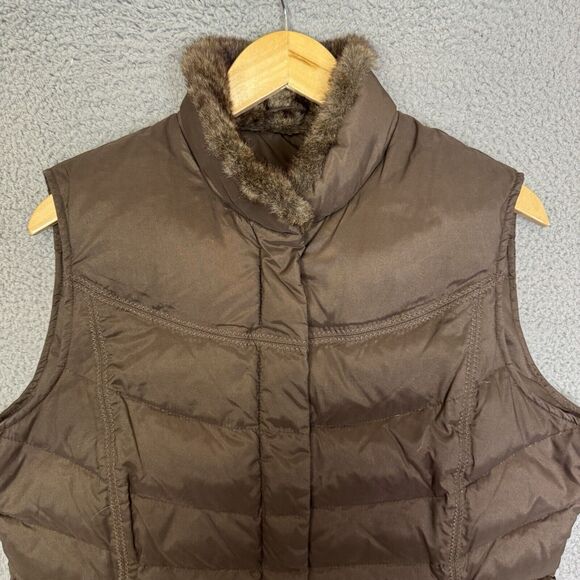 Eddie Bauer Puffer‎ Vest Womens L Brown Goose Down Zip Pockets Outdoor Faux Fur - Picture 2 of 7